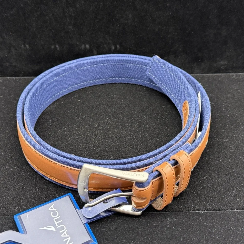 New Nautica Men's Signature Canvas Leather Overlay Belt Navy Cognac Size 42